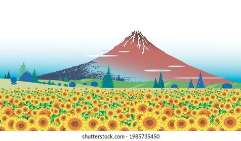 A vast field of sunflowers and ukiyoe Mt.fuji