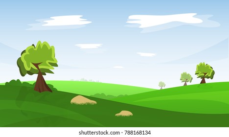 Vast green meadows, mountains, trees, the sky and beautiful clouds.