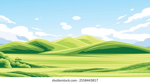 Vast green plains stretch out to meet rolling hills under a bright blue sky.