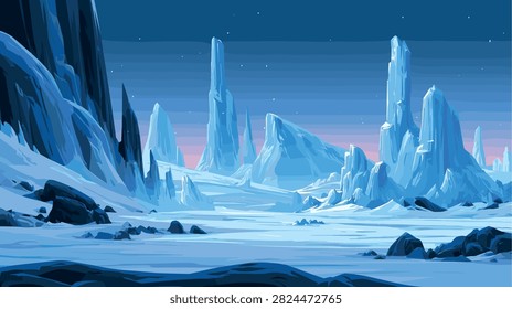 Vast Icy Mountain Landscape Vector Art with Starry Sky