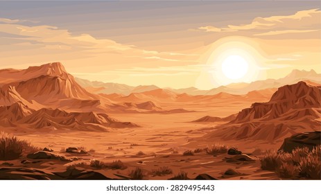 Vast Martian Desert Landscape with Rocky Mountains at Sunset