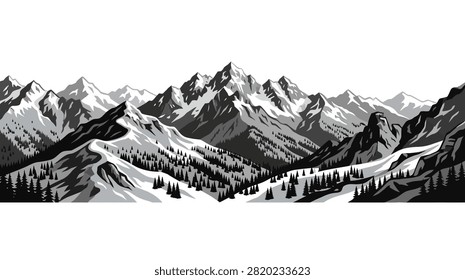 A vast, monochrome panorama of rugged mountain peaks covered in snow, with dense evergreen forests in the valleys.