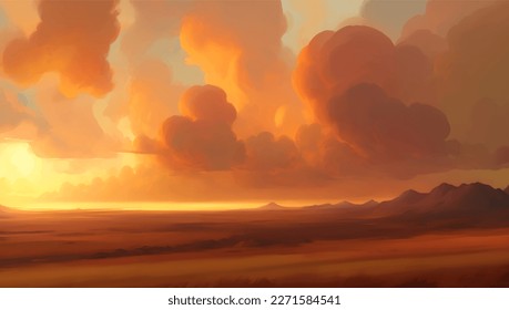 Vast Nature Landscape of Mountains with Cloudy Sky Hand Drawn Painting Illustration