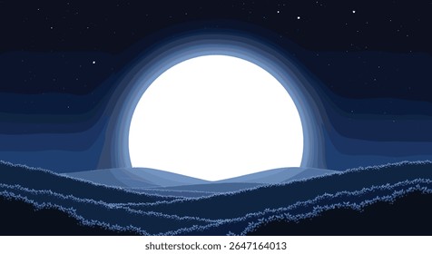 Vast Night Sky With a Large Glowing Moon Over Rolling Hills