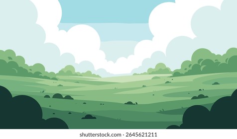 Vast Open Green Landscape Under a Bright Blue Sky with Fluffy Clouds