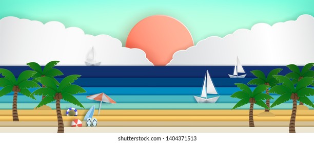 Vast sea views in the summer. and Nature beautiful. and travel during the holiday season. and there is a sailboat that was sailing on the sea. and as the origami or paper cut and used as background.
