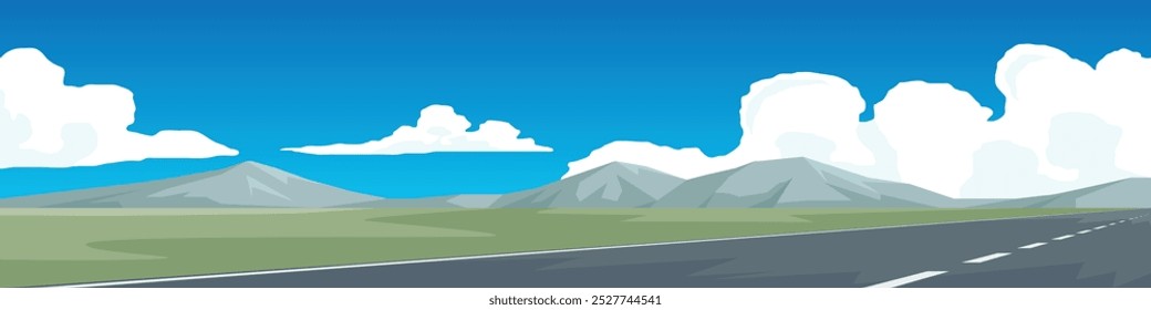 Vast and serene landscape. A clear blue sky dotted with fluffy white clouds stretches across the horizon. Rolling mountains rise majestically. Long straight road cuts through the verdant plains.