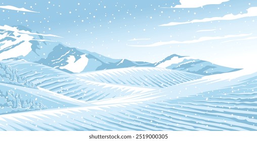 A vast snowy landscape stretches into distant mountains under a soft blue sky, with gentle snowfall covering the hills.