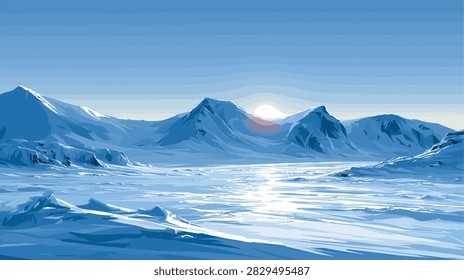 Vast Snowy Winter Mountain Landscape with Sunrise Illustration