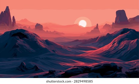 Vast Stylized Desert Landscape with Mountains at Sunset Illustration
