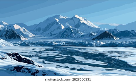 Vast Winter Mountain Landscape with Frozen Lake Illustration