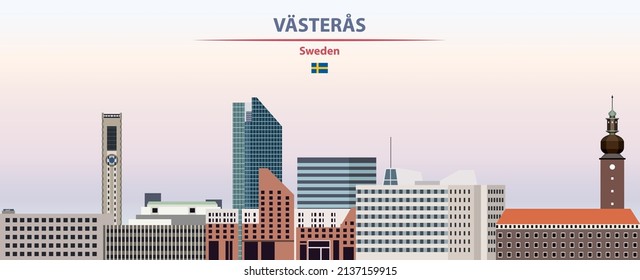 Vasteras cityscape on sunset sky background vector illustration with country and city name and with flag of Sweden