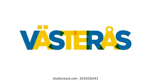 Vasteras im schwedischen Emblem für Druck und Web. Das Design zeichnet sich durch geometrischen Stil, Vektorgrafik mit gewagter Typografie in moderner Schrift aus. Grafische Slogan-Schrift einzeln auf weißem Hintergrund.