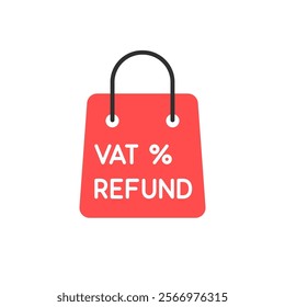 vat refund icon with red shopping bag. flat simple style trend modern finance logotype graphic art design element isolated on white. concept of e-commerce retail badge or commerce activity