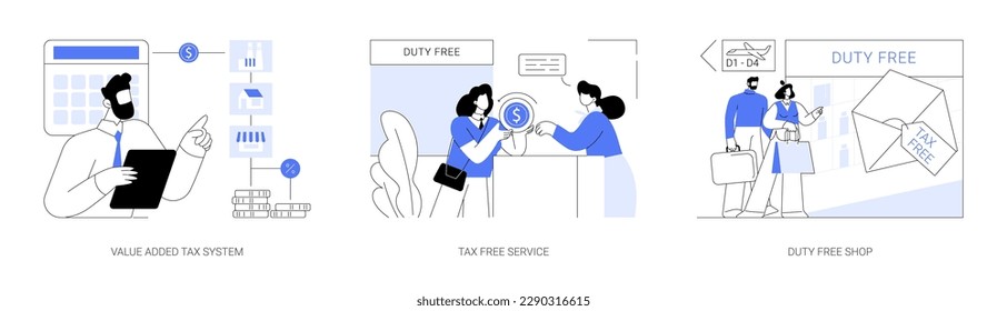 VAT system abstract concept vector illustration set. Value added tax system, tax free service, shopping in airport duty free shop, financial report, discount goods, money refund abstract metaphor.