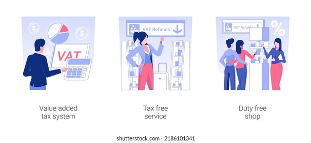 VAT system isolated concept vector illustration set. Value added tax system, tax free service, shopping in airport duty free shop, financial report, discount goods, money refund vector cartoon.