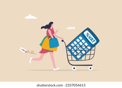 VAT Value Added Tax, consumption tax on value added of product and service for consumer to pay, percentage concept, woman carry shopping bags with VAT price tag and calculator on shopping cart.