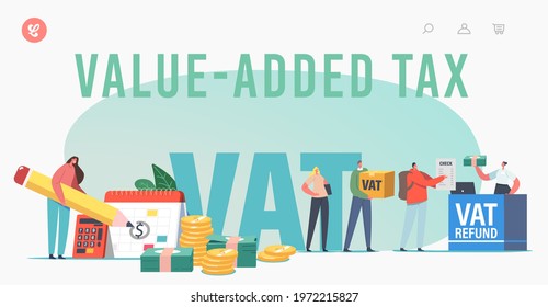 Vat, Value Added Tax Landing Page Template. Male or Female Characters Getting Refund for Foreign Shopping. People Save Budget, Get Money Tax Free at Airport Desk. Cartoon Vector People Illustration