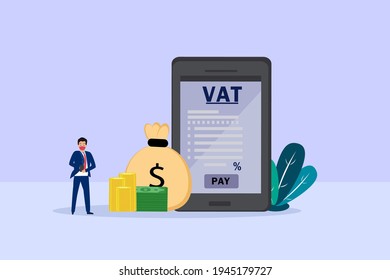 VAT vector concept: Young businessman paying vat on the smartphone while wearing face mask in new normal