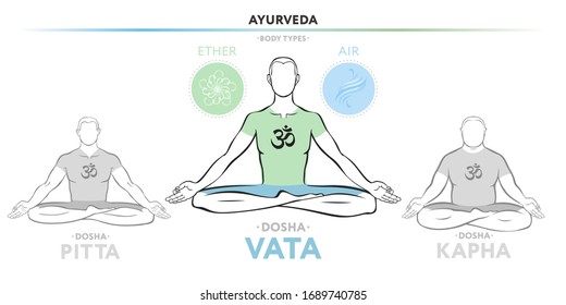 Vata dosha (o ectomorfa) constitución física ayurvédica del tipo del cuerpo humano. Dibujo vector editable de un hombre en asana padmasana sobre fondo blanco, para el diseño de yoga - pancarta, afiche, textil