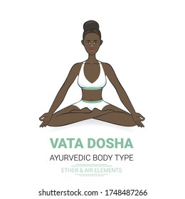 Vata dosha (o ectomorfa) constitución física ayurvédica del tipo de cuerpo humano. Dibujo vector editable de una mujer africana en asana padmasana en un fondo blanco, para yoga, diseño ayurveda.