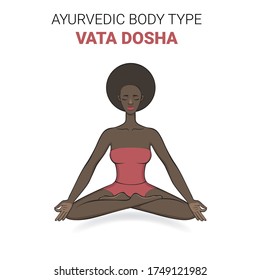 Vata dosha (or ectomorph) ayurvedic physical constitution of human body type. Editable vector illustration of a  yogi woman in asana padmasana on a white background, for yoga, ayurveda design.