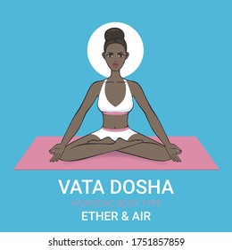 Vata dosha (o ectomorfa) constitución física ayurvédica del tipo de cuerpo humano. Ilustración vectorial editable de una mujer yogui africana en asana padmasana en un fondo blanco, para yoga, diseño ayurveda.