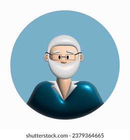 vatar design of an elderly gray-haired man. Against the background of a blue circle. Vector 3d avatar of a gray-haired smiling grandfather
