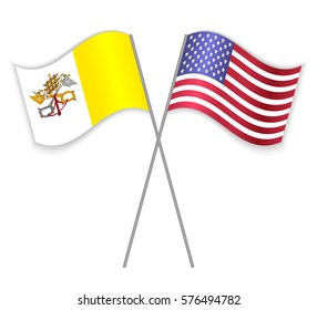 Vatican and American crossed flags. Vatican City State combined with United States of America isolated on white. Language learning, international business or travel concept.
