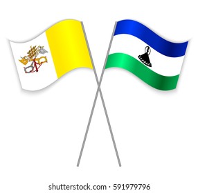 Vatican and Basotho crossed flags. Vatican City State combined with Lesotho isolated on white. Language learning, international business or travel concept.