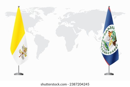 Vatican and Belize flags for official meeting against background of world map.
