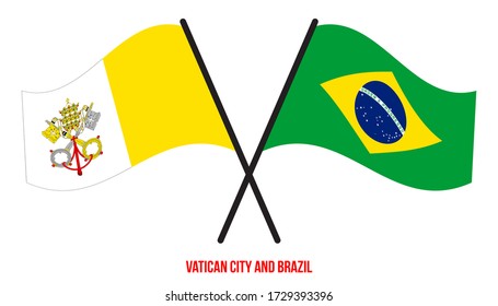 Vatican City and Brazil Flags Crossed And Waving Flat Style. Official Proportion. Correct Colors.