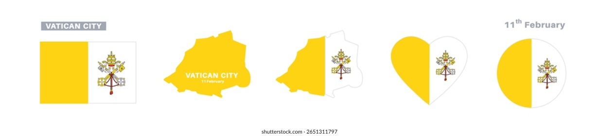  bandeira da cidade do vaticano e conjunto de mapas. bandeira da cidade do vaticano em cores e proporções oficiais. dia da independência 11 de fevereiro , mapa, círculo e coração em forma de cidade do vaticano