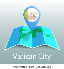Mapa del mundo de la bandera de la Ciudad del Vaticano en alfiler con el nombre del país