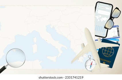 Vatican City map and flag, cargo plane on the detailed map of Vatican City with flag, passport, magnifying glass and airplane. Vector template.