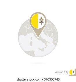 Vatican City map and flag in circle. Map of Vatican City, Vatican City flag pin. Map of Vatican City in the style of the globe. Vector Illustration.