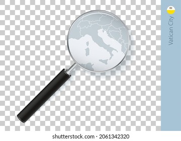 Mapa de la Ciudad del Vaticano con bandera en lupa sobre fondo transparente. Voz vectorial con mapa.