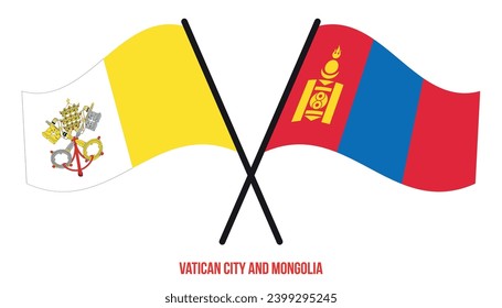 Banderas de la Ciudad del Vaticano y Mongolia Cruzadas y ondeadas de estilo plano. Proporción oficial. Colores correctos.