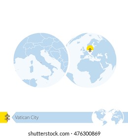 Vatican City on world globe with flag and regional map of Vatican City. Vector Illustration.