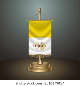 Vatican City Vertical table flag with golden pole on dark gradient background, Template banner vector Illustration