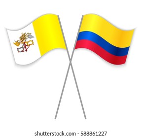 Vatican and Colombian crossed flags. Vatican City State combined with Colombia isolated on white. Language learning, international business or travel concept.