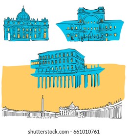 Vatican Colored Landmarks, Scalable Vector Monuments. Filled with Blue Shape and Yellow Highlights. 