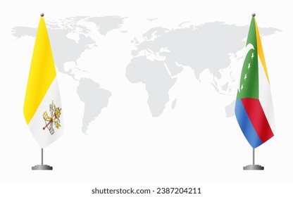 Vatican and Comoros flags for official meeting against background of world map.