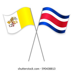 Vatican and Costa Rican crossed flags. Vatican City State combined with Costa Rica isolated on white. Language learning, international business or travel concept.