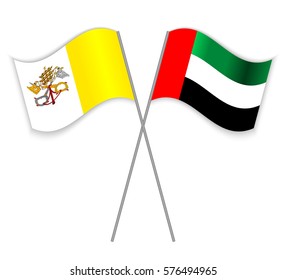 Vatican and Emirian crossed flags. Vatican City State combined with United Arab Emirates isolated on white. Language learning, international business or travel concept.
