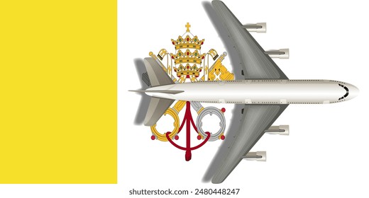 The Vatican flag with an airplane flying over it close up. Vector image.