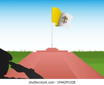 The Vatican flag flew above the mast in the shadow of a soldier saluting the flag