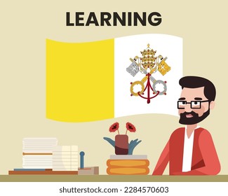 Vatican flag with a male teacher, learning or teaching Vatican language, bearded man with glasses and country flag vector design, language school concept