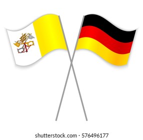Vatican and German crossed flags. Vatican City State combined with Germany isolated on white. Language learning, international business or travel concept.