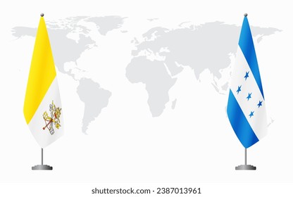 Vatican and Honduras flags for official meeting against background of world map.
